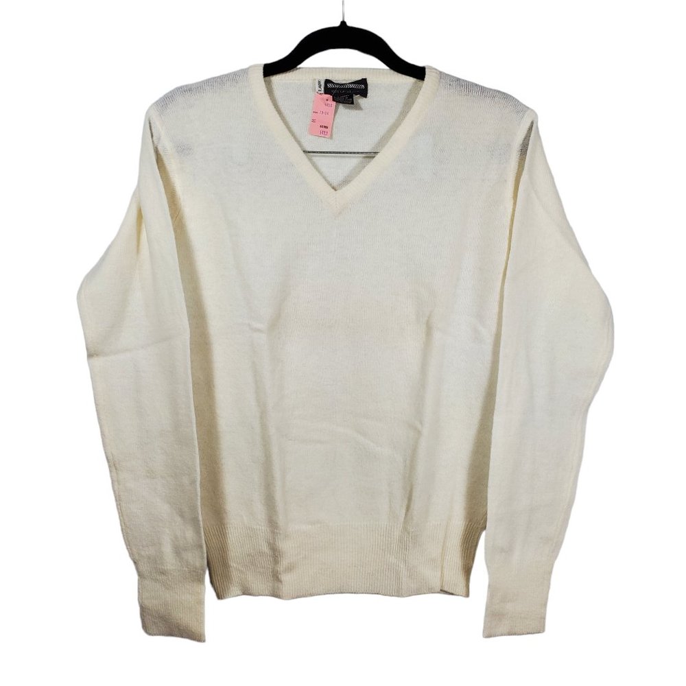 VTG NWT 80s Knit V-Neck Pullover Sweater Ivory Lambswool Wool Preppy Ski Academi
